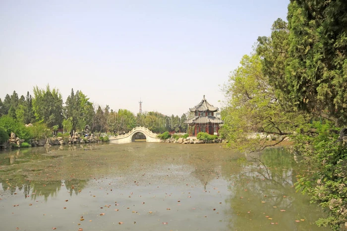 亭台楼阁风景秀丽的池塘中国传统建筑景观华北