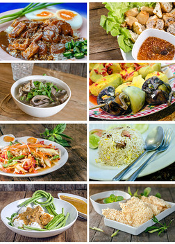 从泰国食物照片中收集的拼贴画。