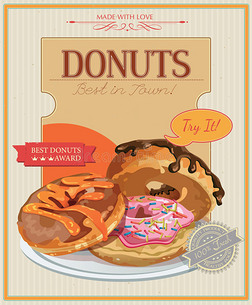 复古甜甜圈海报。矢量图。