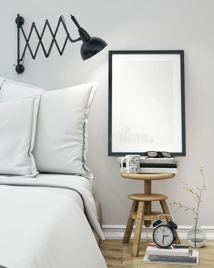 卧室墙上的实体模型空白海报3d插图背景