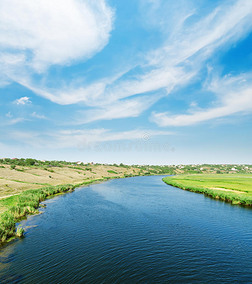 蓝色的河流和蓝天与云彩