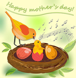 可爱的形象母亲日，矢量图像与鸟妈妈和她的鸟宝宝和彩蛋在巢