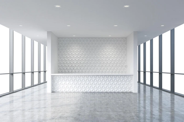 现代明亮清洁办公室内部的接待区 巨大的全景窗口白色的复制空间 精品骗局的概念