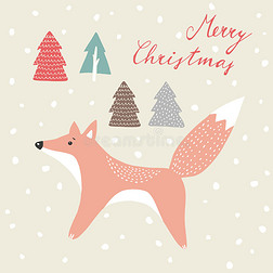 可爱的圣诞贺卡，邀请，用手画狐狸在雪木，