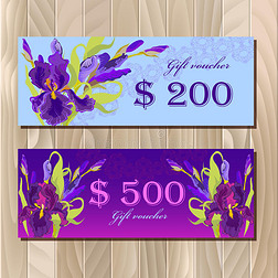礼品证书打印卡模板与紫色虹膜花卉设计。