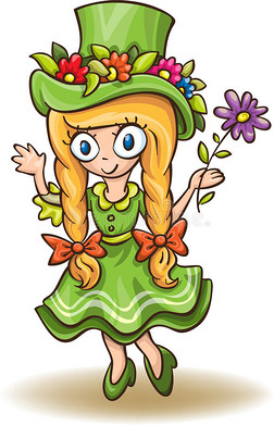 穿着绿色连衣裙带花的卡通女孩