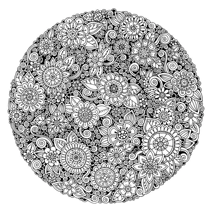 黑白圆形花卉装饰观赏圆形花边设计 花曼达拉