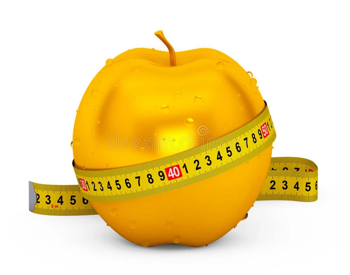 饮食概念 湿金苹果与黄色测量带