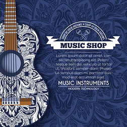抽象复古音乐吉他在蓝色花卉背景下的装饰概念。 艺术装饰，伊斯兰教，阿拉伯语，印度