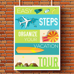 轻松的步骤组织您的假期旅游传单与信息图表和放置的文本。 插图导游旅行背景