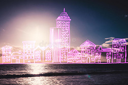 紫色城镇的复合图像