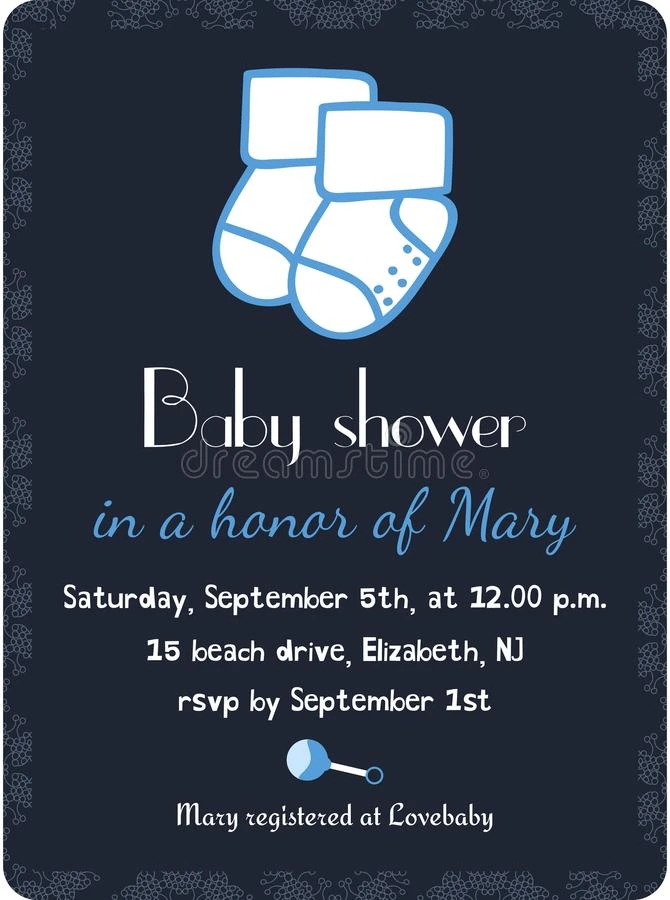 婴儿淋浴邀请卡模板 邀请函明信片横幅 刚出生的男孩来了 小袜子 矢量