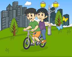 孩子们在公园的卡通上骑自行车