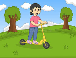 孩子们在公园的卡通里玩踢滑板车