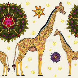 美丽的成年长颈鹿。 手绘观赏长颈鹿的插图。 白色背景的长颈鹿。 天衣无缝