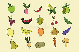 手绘彩色水果和蔬菜套装。