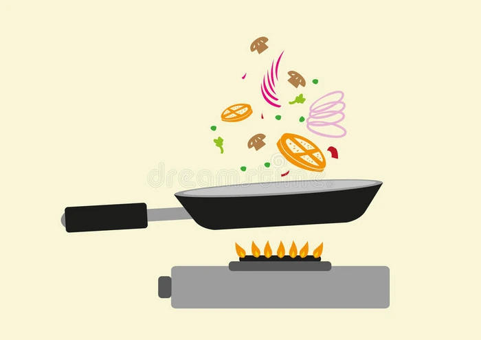 在行动中烹饪 煎锅和空气中的成分 可编辑剪贴画
