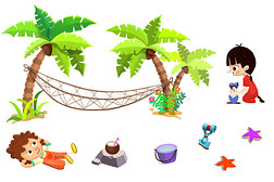 剪贴画套装：沙滩用品：男孩，女孩，棕榈树，吊床，沙子，椰子奶，桶，铲子等。