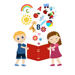 卡通做梦插画|孩子们拿着一本书