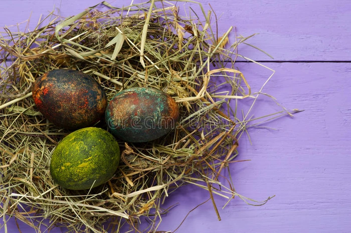 在木制背景上的巢穴中的复活节彩蛋