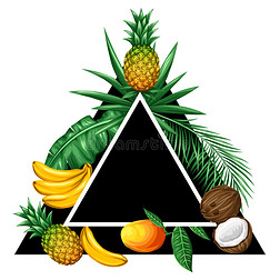 热带水果和树叶的背景。 设计广告小册子，标签，包装，纺织品印刷
