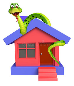 爬行动物卡通插画|可爱的蛇卡通人物与家