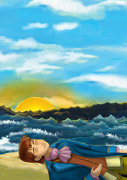 在海边睡觉或无意识的人的卡通场景-看起来像王子
