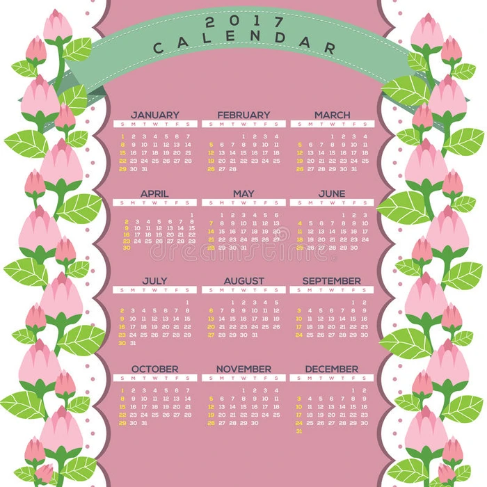 2017年自然可打印日历开始周日庆祝粉红色花卉登山者边界