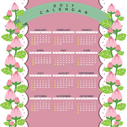 2017年自然可打印日历开始周日庆祝粉红色花卉登山者边界。
