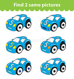儿童教育游戏。 找到两张同样的照片。 一套汽车玩具为游戏找到两张相同的图片。 矢量插图。