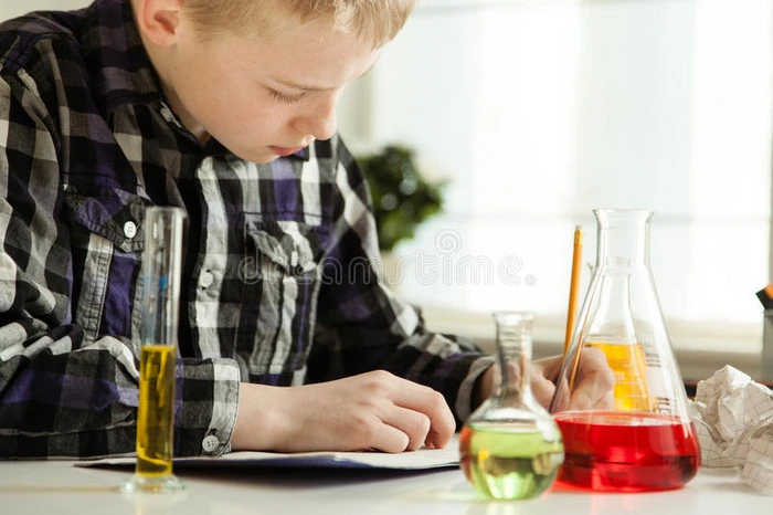 勤奋的小男孩做他的科学作业