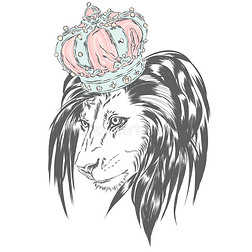 戴着皇冠的漂亮狮子 野兽之王 用于贺卡海报或打印在衣服上的矢量插图
