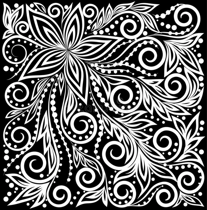 美丽的单色黑白装饰图形卷曲背景与花和叶图案