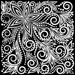 美丽的单色黑白装饰图形卷曲背景与花和叶图案。