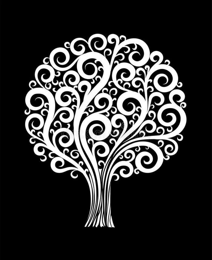 美丽的单色黑白树在花卉设计与漩涡和繁荣孤立