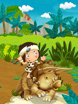 卡通自然场景与穴居人-丛林-石器时代的家庭-与有趣的漫画男孩