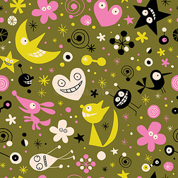 涂鸦60插画|有趣的快乐卡通人物无缝图案