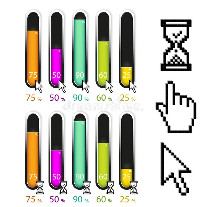元素信息图形图与像素光标箭头和沙漏光标简单的彩色图形百分比5步时间线