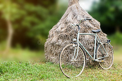 古董自行车倾斜稻草