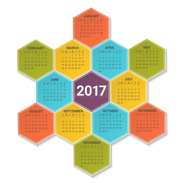 日历为2017年在明亮的彩色六角形背景 一周从星期天开始 矢量设计打印模板