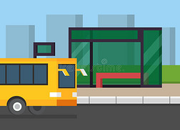 城市公共汽车站。公共交通在路上。平面设计矢量图。