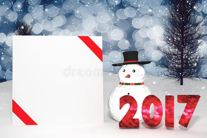 三维渲染2017年轻Bokeh号码和白色卡与红色丝带在透视雪景雪男子与闪闪发光的Bokeh墙