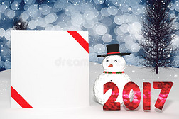 三维渲染2017年轻Bokeh号码和白色卡与红色丝带在透视雪景雪男子与闪闪发光的Bokeh墙