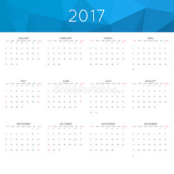 日历2017年简单风格。 一周从星期天开始。