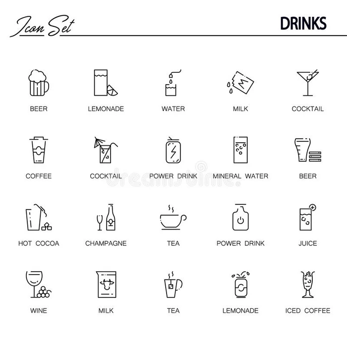 饮料平面图标或标志设置的网页设计