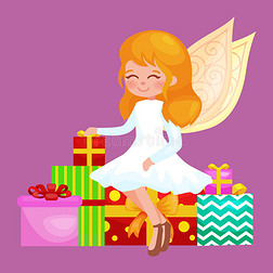 圣诞节女孩天使与翅膀和礼物盒一样的基督教或新年矢量图符号
