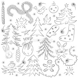 手绘有趣的涂鸦圣诞小品集。 儿童画杉木，礼物，蜡烛，玩具，天使星星和雪花