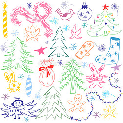 五颜六色的手画有趣的涂鸦圣诞符号集。 儿童画杉树，礼物，蜡烛，玩具，天使之星