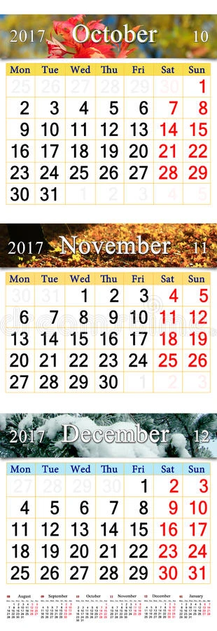 日历为2017年11月和12月与彩色图片