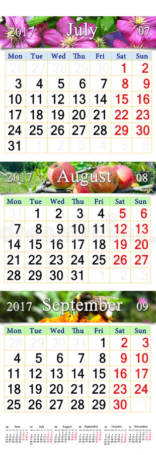 日历为2017年8月9月有三幅彩色图像
